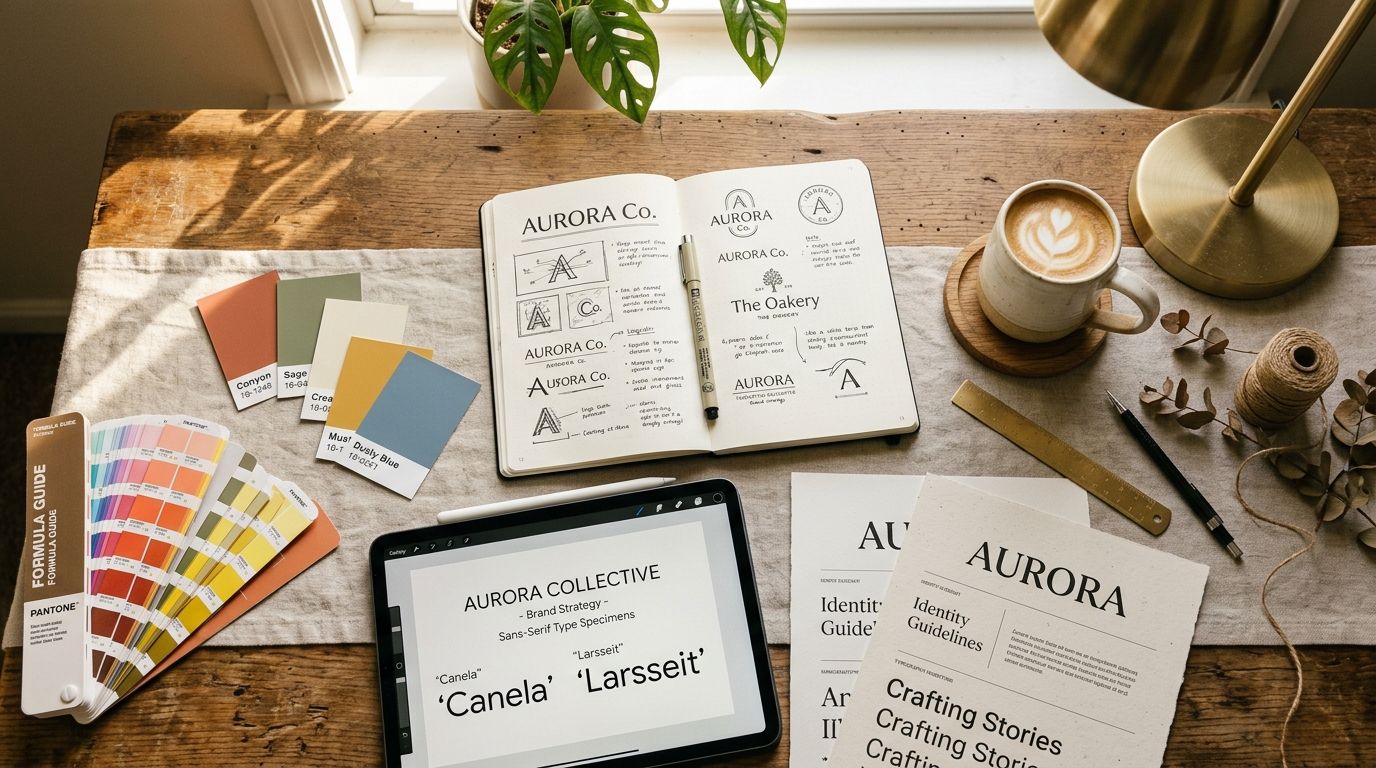Brand design materials on a studio desk